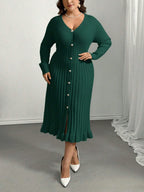 V-Neck Ruffle Hem Knit Sweater Dress