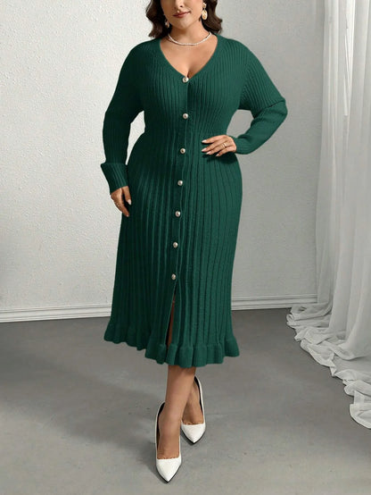 V-Neck Ruffle Hem Knit Sweater Dress