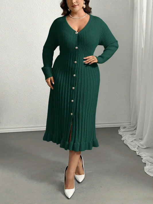 V-Neck Ruffle Hem Knit Sweater Dress