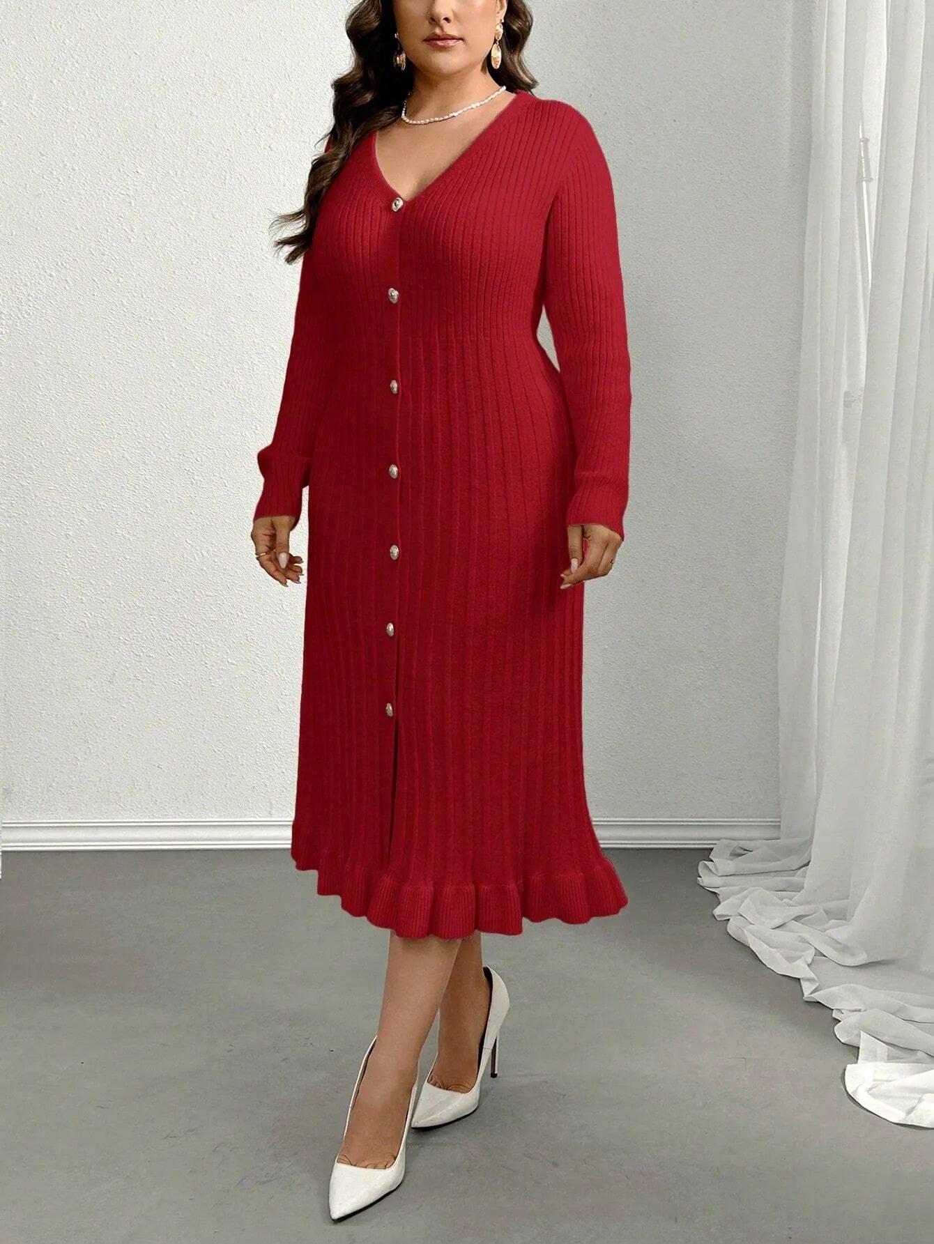V-Neck Ruffle Hem Knit Sweater  Dress