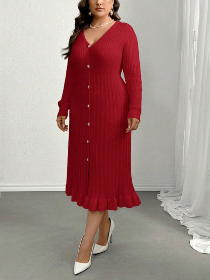 V-Neck Ruffle Hem Knit Sweater  Dress