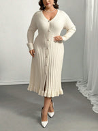 V-Neck Ruffle Hem Knit Sweater  Dress