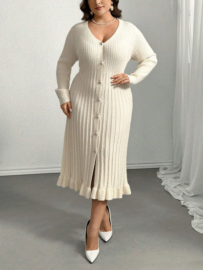 V-Neck Ruffle Hem Knit Sweater  Dress