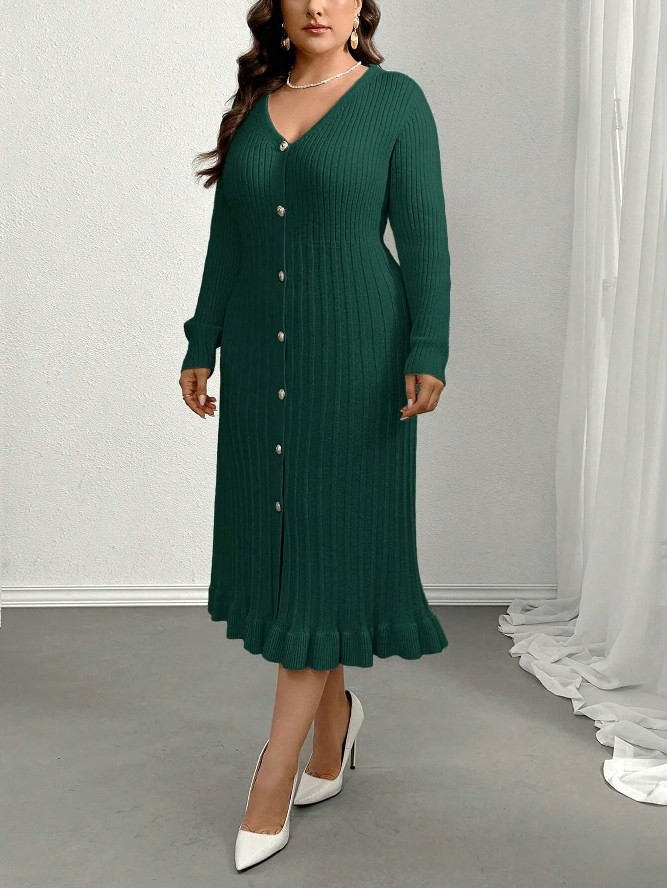 V-Neck Ruffle Hem Knit Sweater Dress