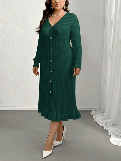 V-Neck Ruffle Hem Knit Sweater Dress