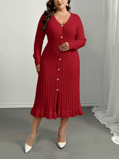 V-Neck Ruffle Hem Knit Sweater  Dress