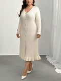 V-Neck Ruffle Hem Knit Sweater  Dress