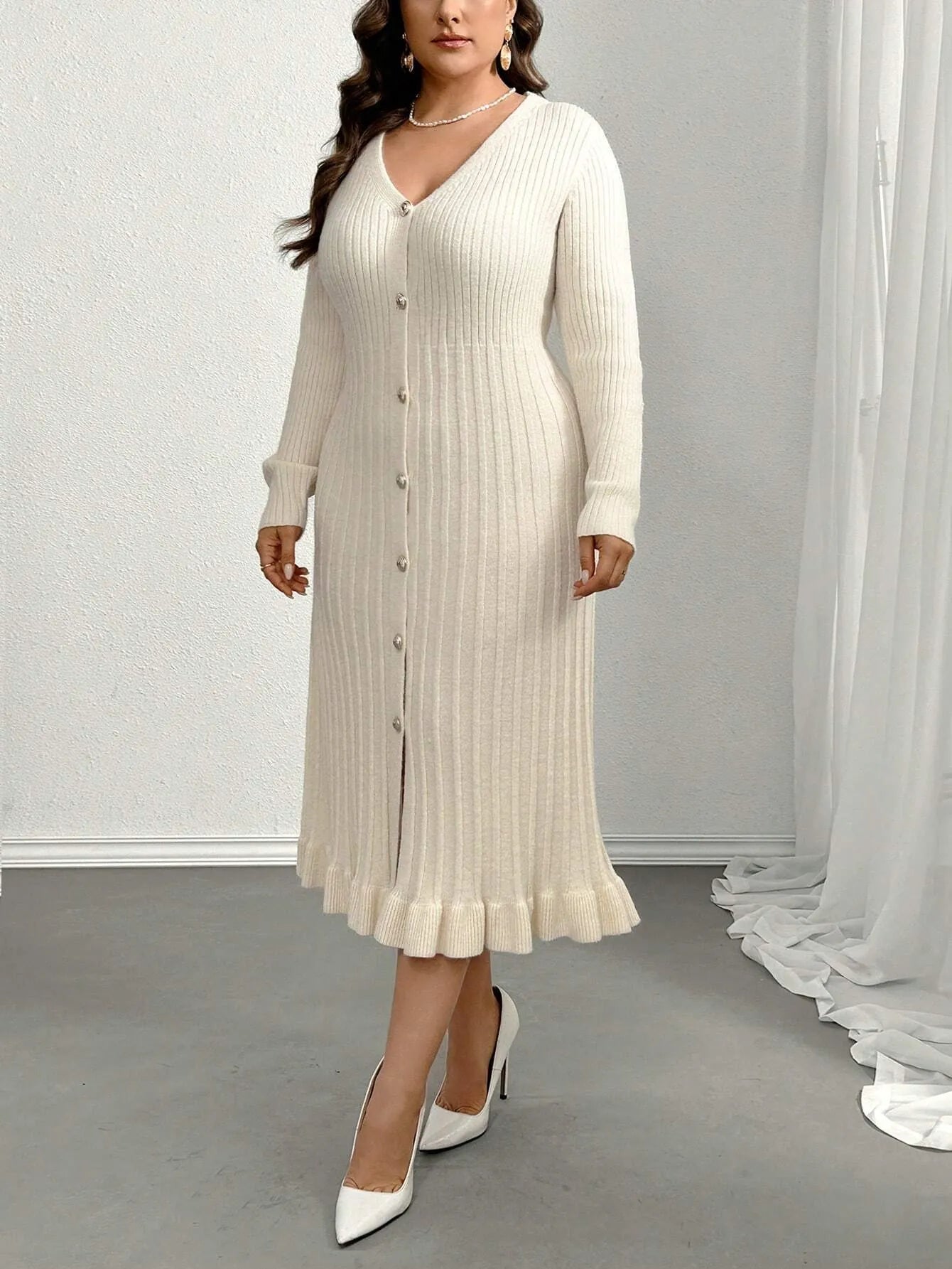 V-Neck Ruffle Hem Knit Sweater  Dress