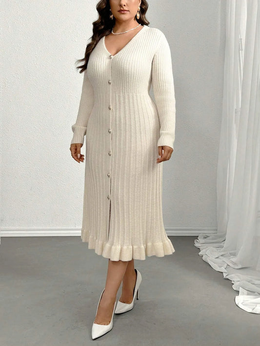V-Neck Ruffle Hem Knit Sweater  Dress