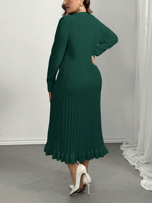 V-Neck Ruffle Hem Knit Sweater Dress
