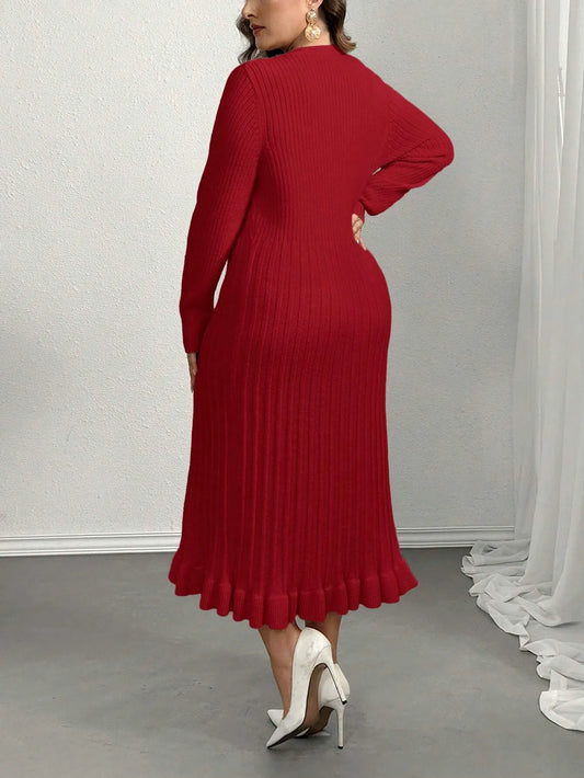 V-Neck Ruffle Hem Knit Sweater  Dress