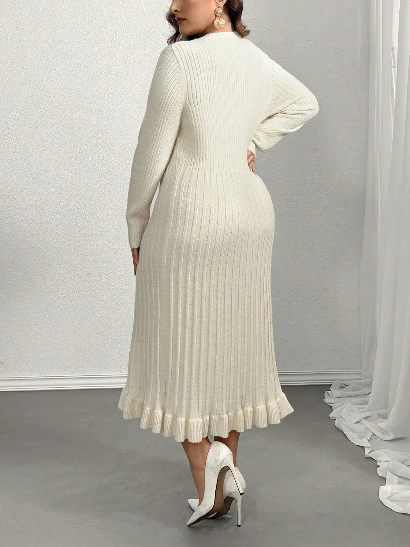 V-Neck Ruffle Hem Knit Sweater  Dress