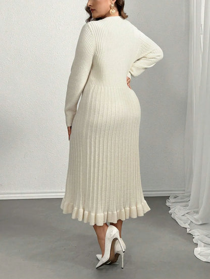 V-Neck Ruffle Hem Knit Sweater  Dress