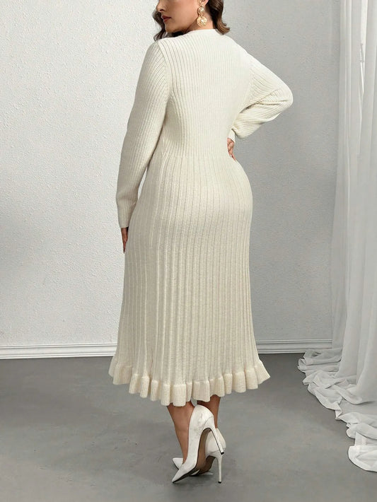 V-Neck Ruffle Hem Knit Sweater  Dress