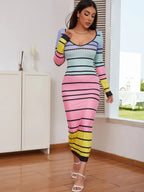 Striped Sweetheart Collar Bodycon Dress
