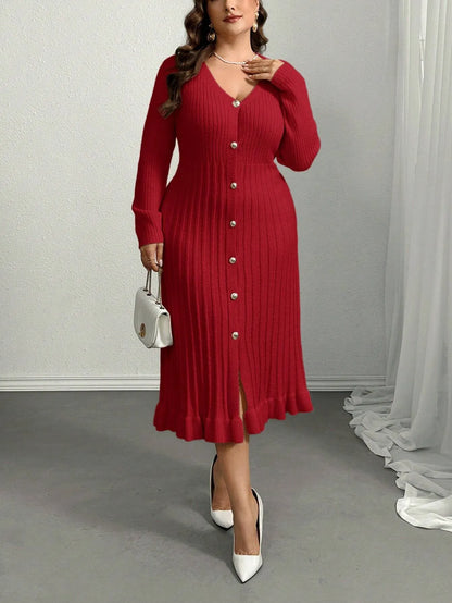 V-Neck Ruffle Hem Knit Sweater  Dress