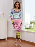 Striped Sweetheart Collar Bodycon Dress