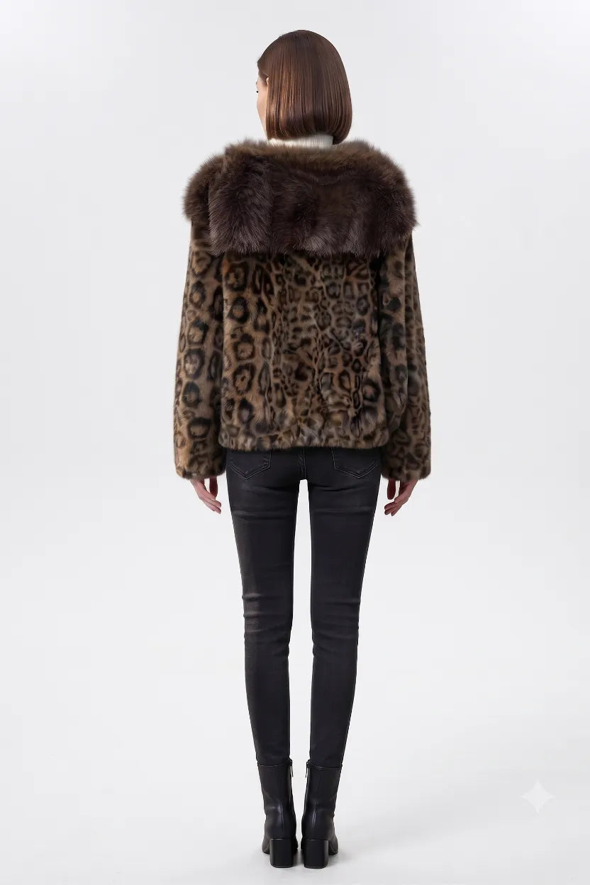 woman wearing a leopard-print faux-fur jacket