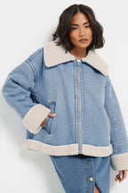 Petite Borg Zip Denim Jacket