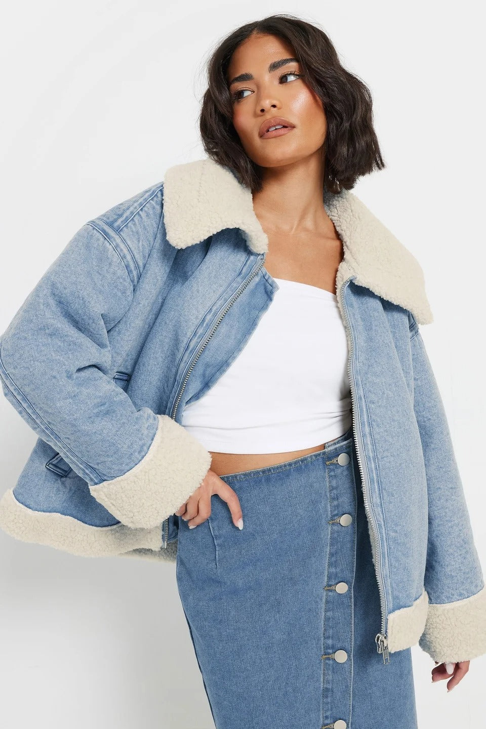 Petite Borg Zip Denim Jacket