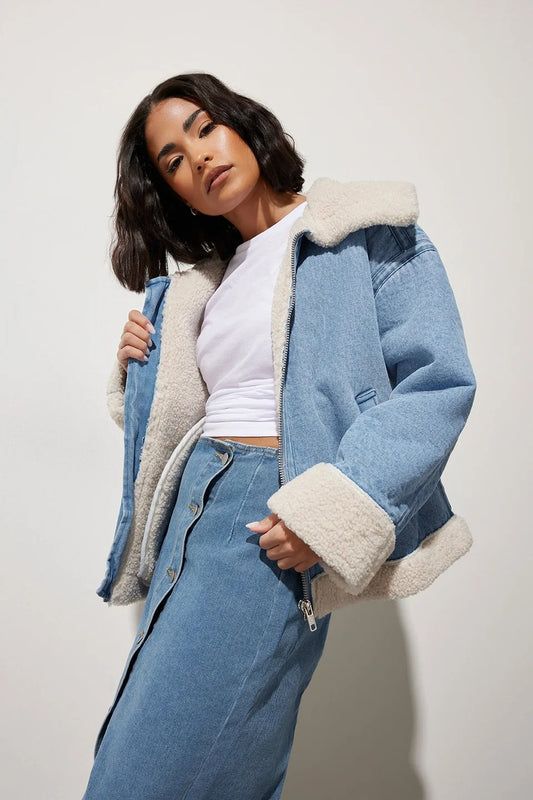 Petite Borg Zip Denim Jacket