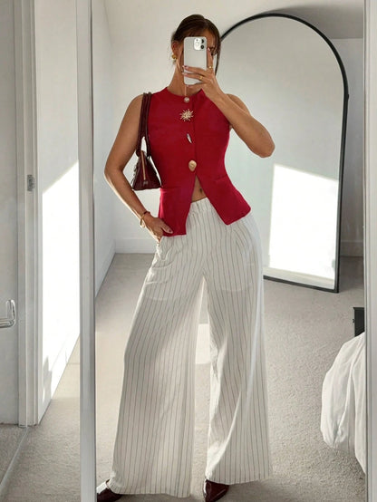 Round Neck Sleeveless Metal Buckle Vest