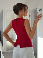 Round Neck Sleeveless Metal Buckle Vest