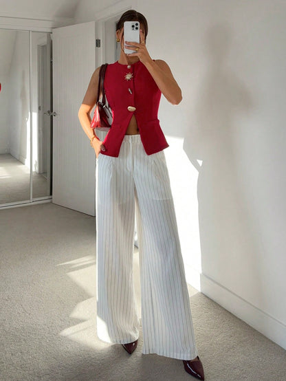 Round Neck Sleeveless Metal Buckle Vest