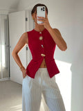 Round Neck Sleeveless Metal Buckle Vest