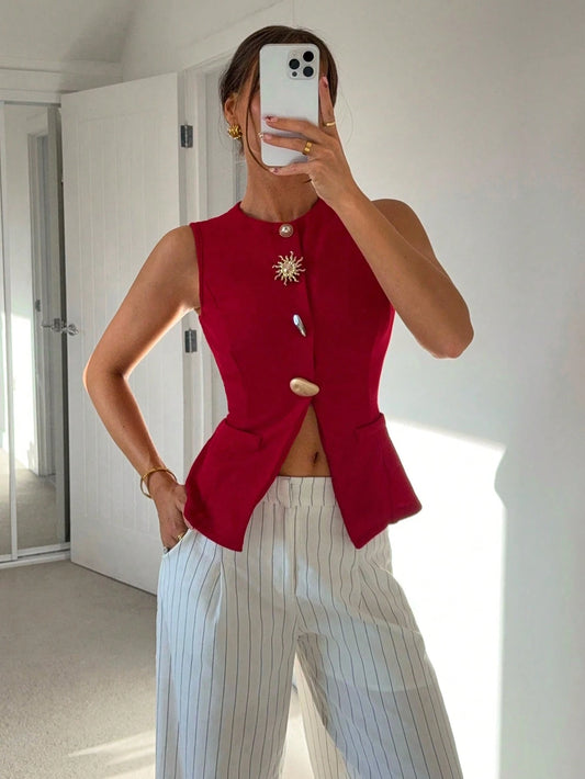 Round Neck Sleeveless Metal Buckle Vest
