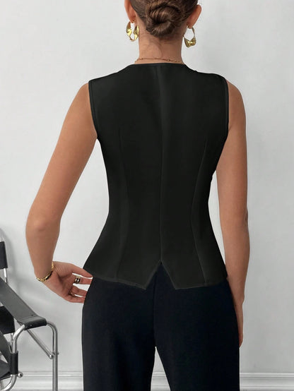 Round Neck Sleeveless Metal Buckle Vest