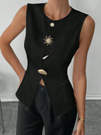 Round Neck Sleeveless Metal Buckle Vest