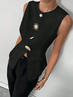 Round Neck Sleeveless Metal Buckle Vest