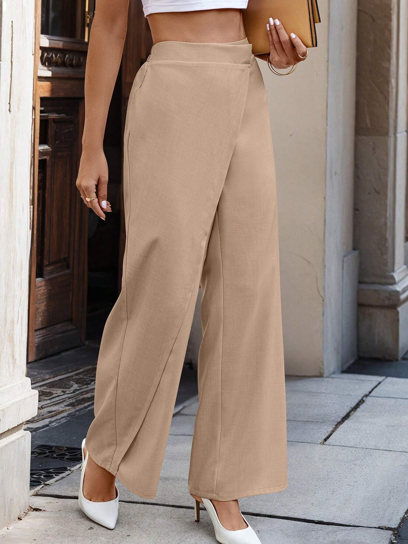 Casual Commute Wrap-Front Wide-Leg Pants