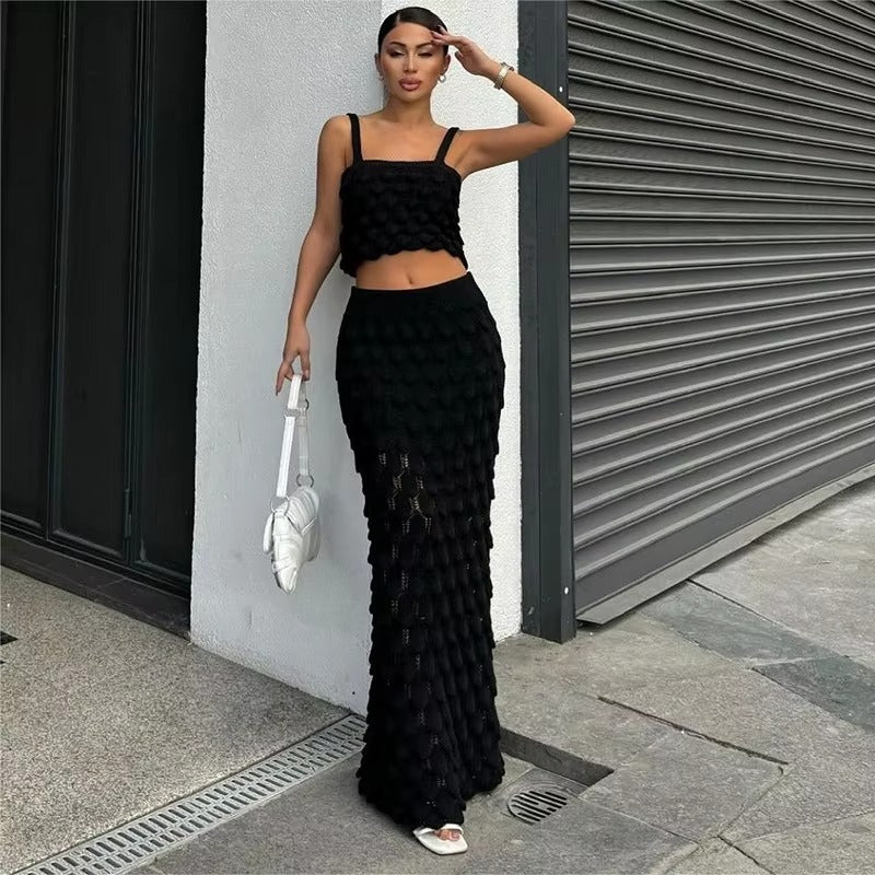 Plain Wide Strap Sweater And Skirt Casual Set
