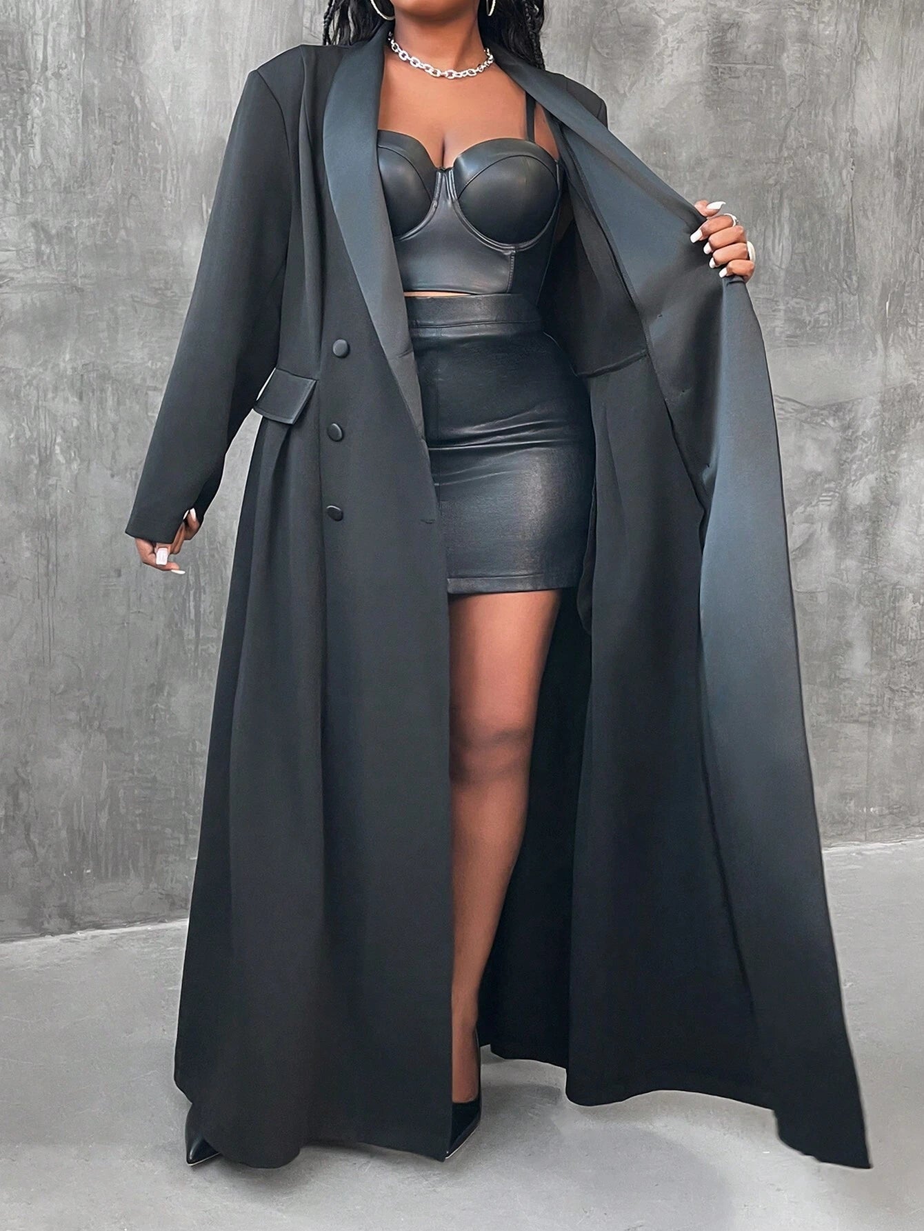 Shawl Collar Open Front Long Jacket
