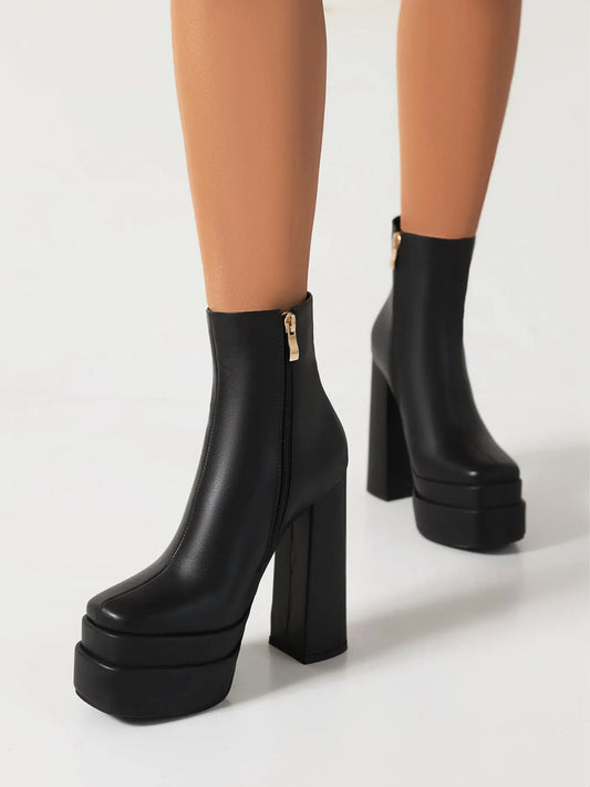Square Toe Zipper High Heel Boots