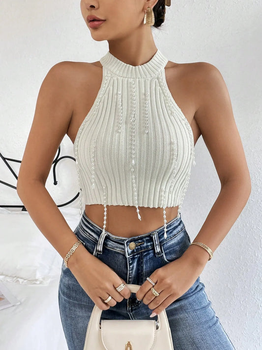 Pearls Beaded Crop Knit Top