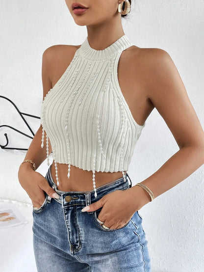 Pearls Beaded Crop Knit Top