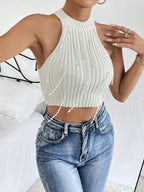 Pearls Beaded Crop Knit Top