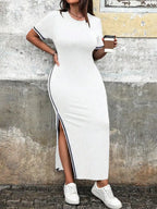 Slim Fit Round-Neck Trim Split Dress