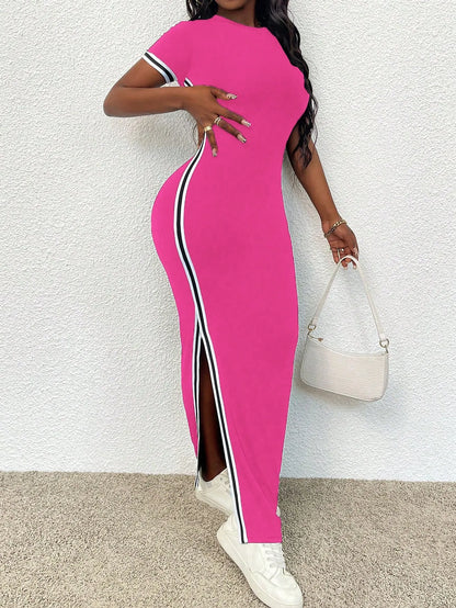 Slim Fit Round-Neck Trim Split Dress