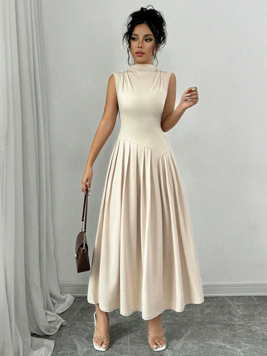 Elegant Pleated Mock Neck Dresses