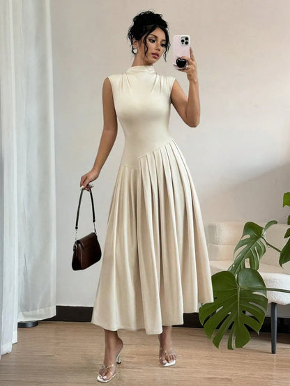Elegant Pleated Mock Neck Dresses