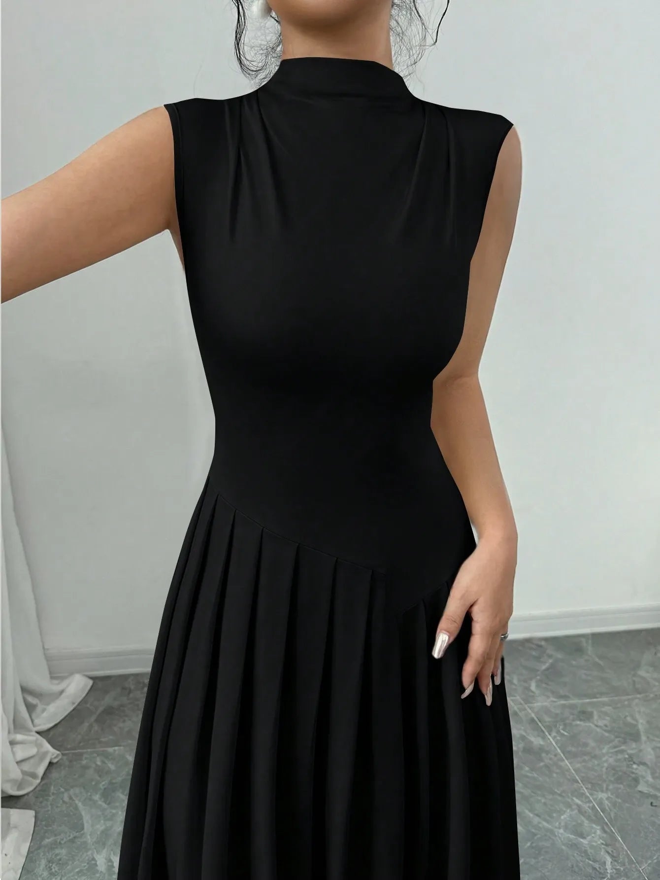 Elegant Pleated Mock Neck Dresses
