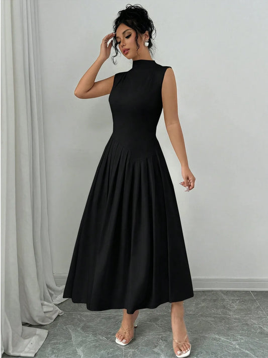 Elegant Pleated Mock Neck Dresses