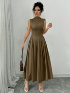 Elegant Pleated Mock Neck Dress
