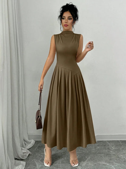 Elegant Pleated Mock Neck Dress
