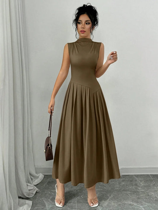 Elegant Pleated Mock Neck Dress
