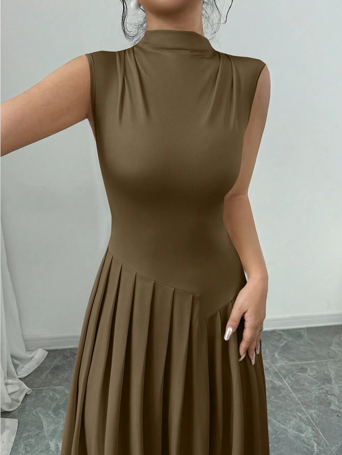 Elegant Pleated Mock Neck Dress